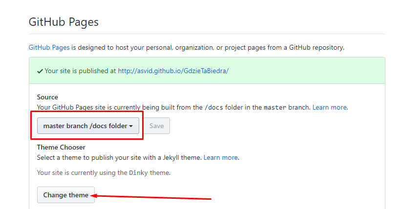 GitHub Pages settings